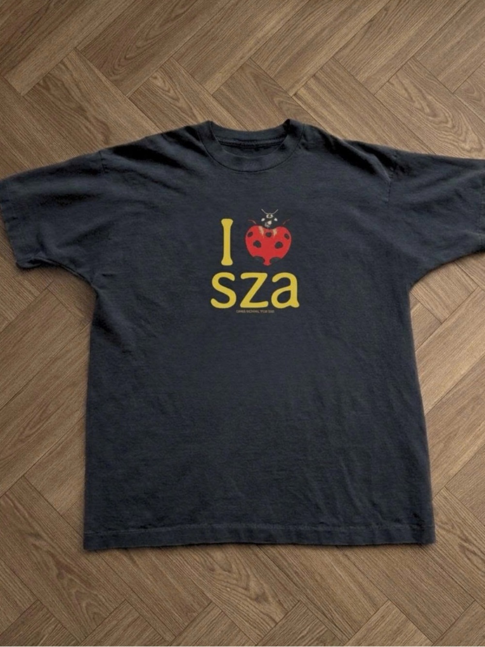 Black Short-Sleeve Graphic Tee with Yellow 'sza' Logo and Red Ladybug